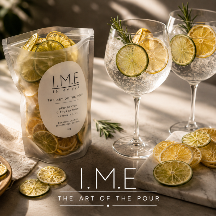 The Art of the Pour citrus garnish styled beside two sparkling drinks
