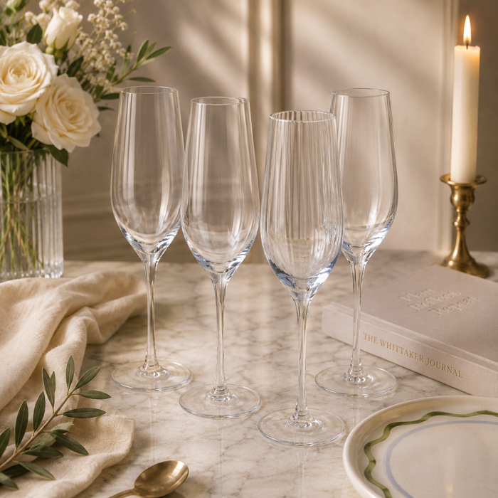 Champagne glasses styled with flowers and candlelight