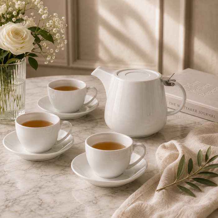 White tea set styled with flowers and linen