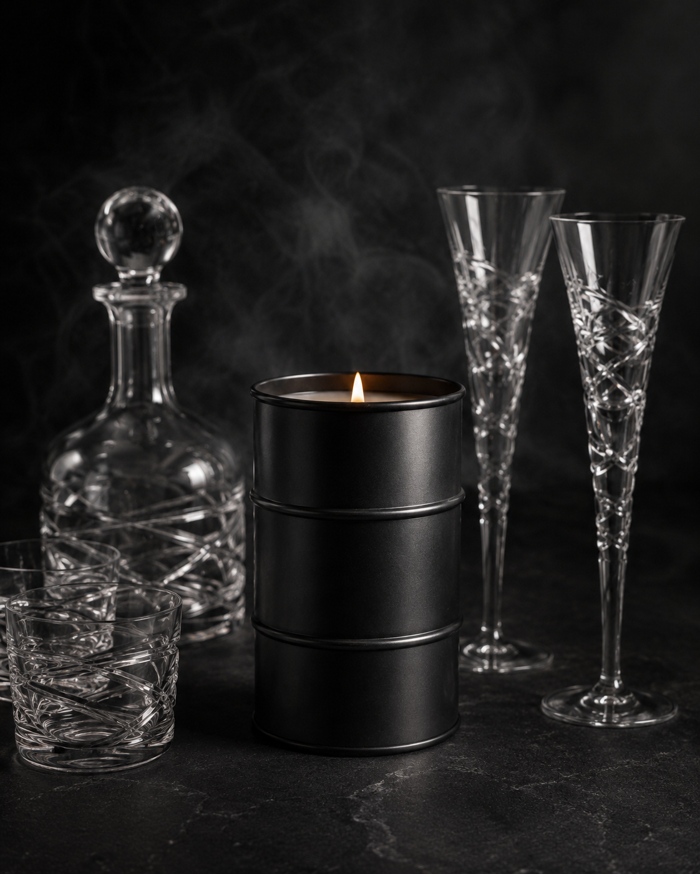 Black candle styled with crystal glassware
