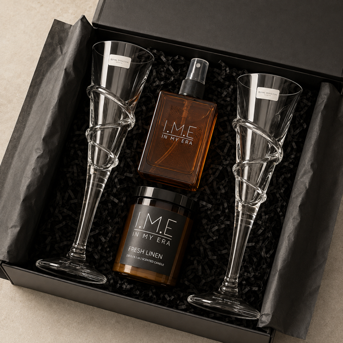Corporate Fresh Linen gift box with crystal champagne flutes, candle, and room spray