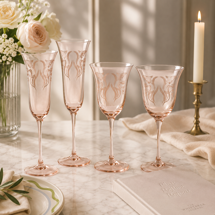 Blush pink stemware styled with roses and candlelight