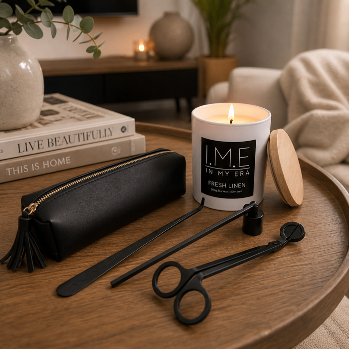 Fresh Linen candle with a black candle care set
