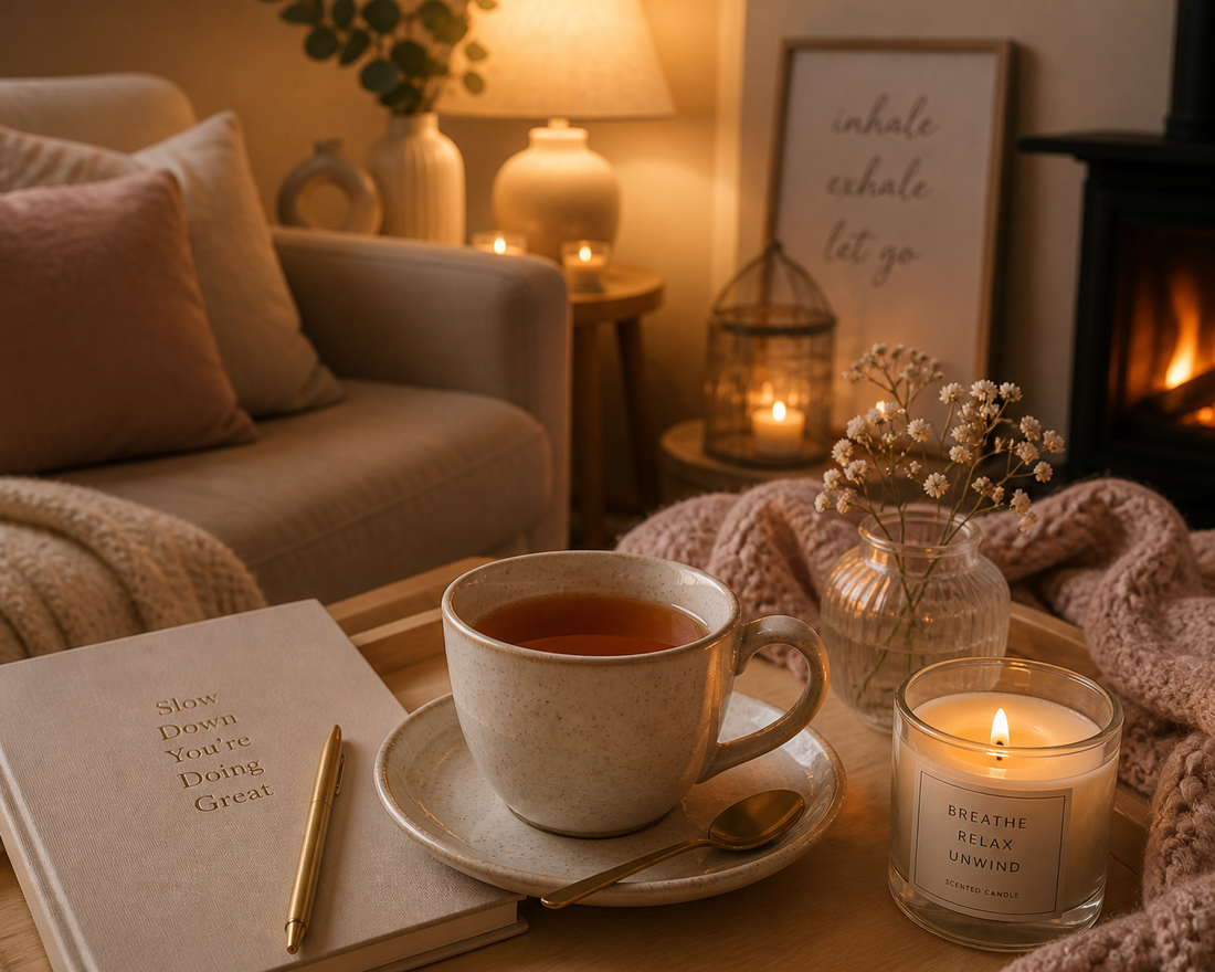 Tea, journal, and candle arranged beside a cosy fireplace