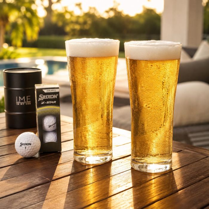 Two chilled beers on an outdoor timber table at golden hour beside golf balls and an I.M.E candle