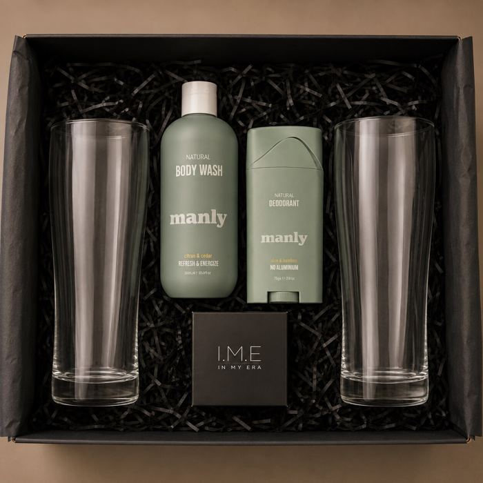 Gift box with two tall glasses, body wash, deodorant, and a small I.M.E gift box