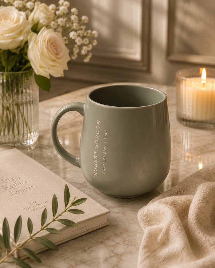 Sage mug styled with a journal, flowers, and candlelight