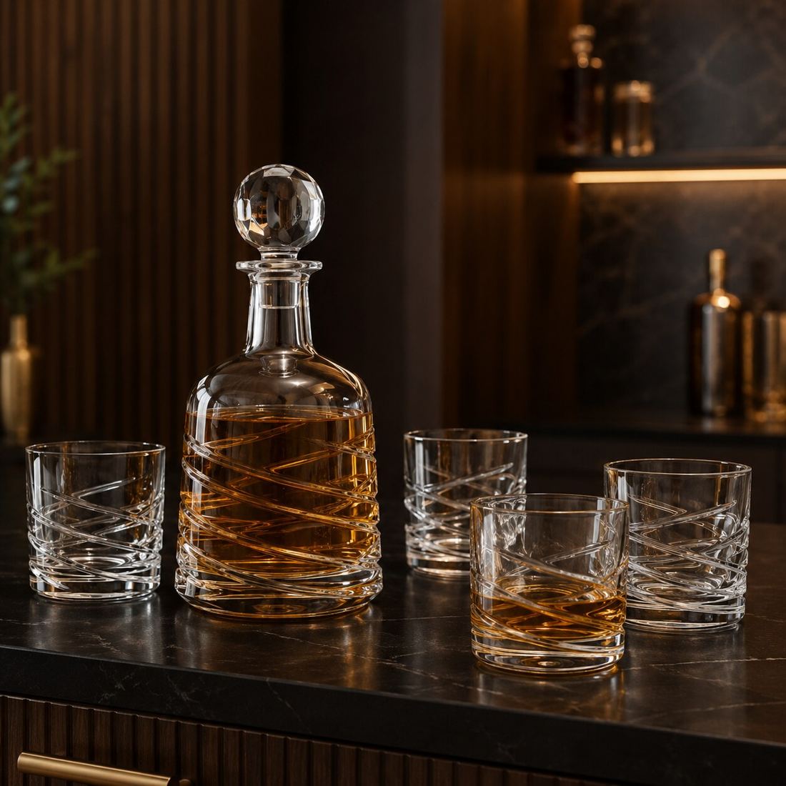 Crystal whisky decanter and tumblers styled on a dark marble bar